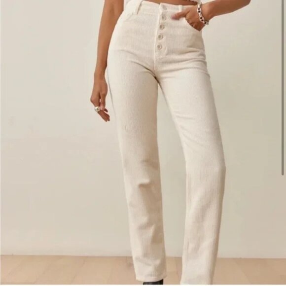 New Reformation Cynthia Button Fly Corduroy Straight Leg Pants Cream 25 - Picture 1 of 8